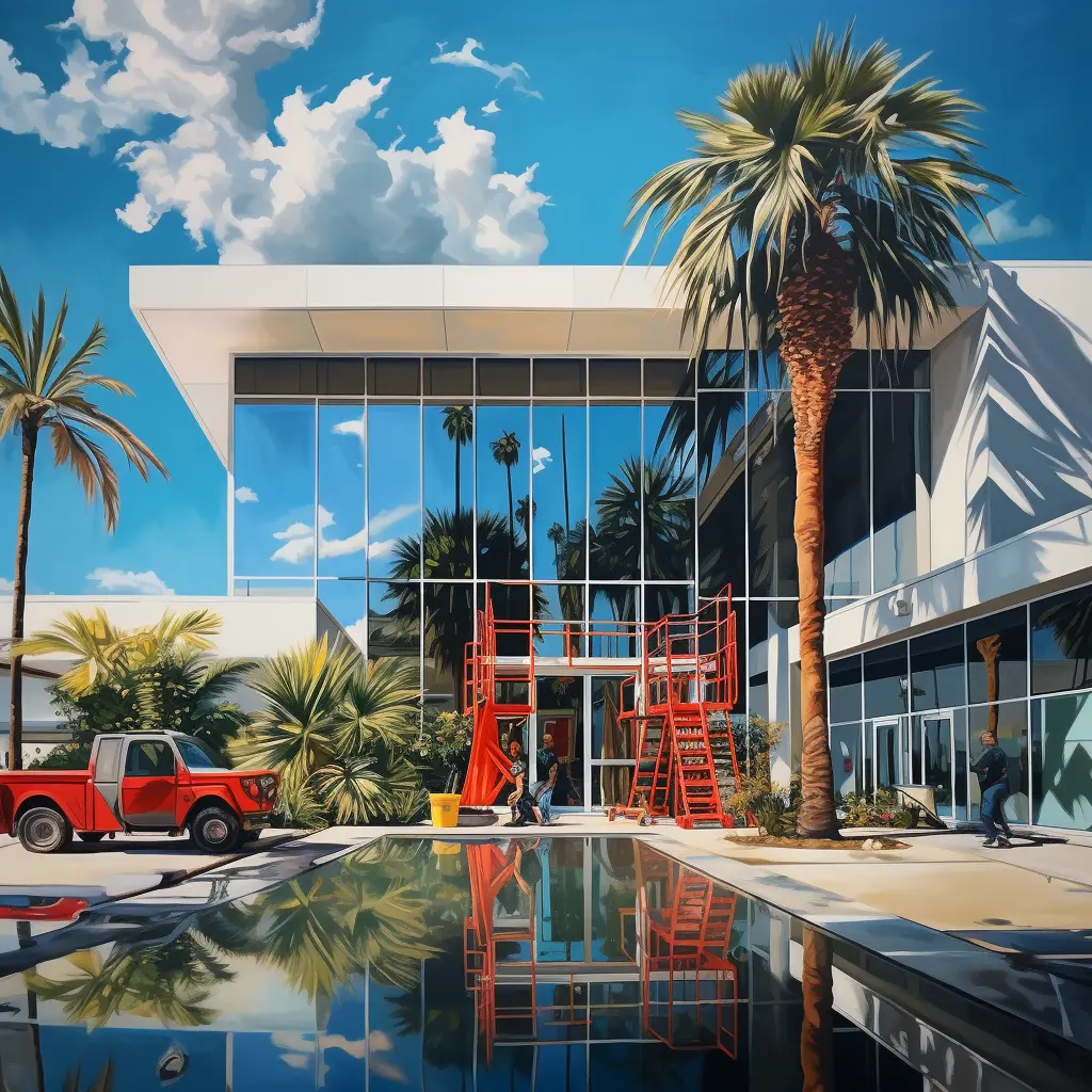 illustration glass building red car parked
